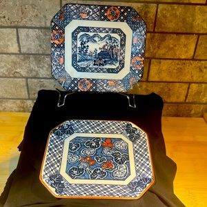 Set of 2 Vintage Japanese Decorative Plates with Cobalt Blue and Orange Details